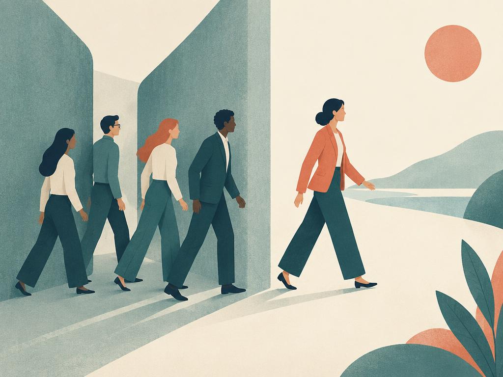 A leader walking ahead with colleagues following into open ground