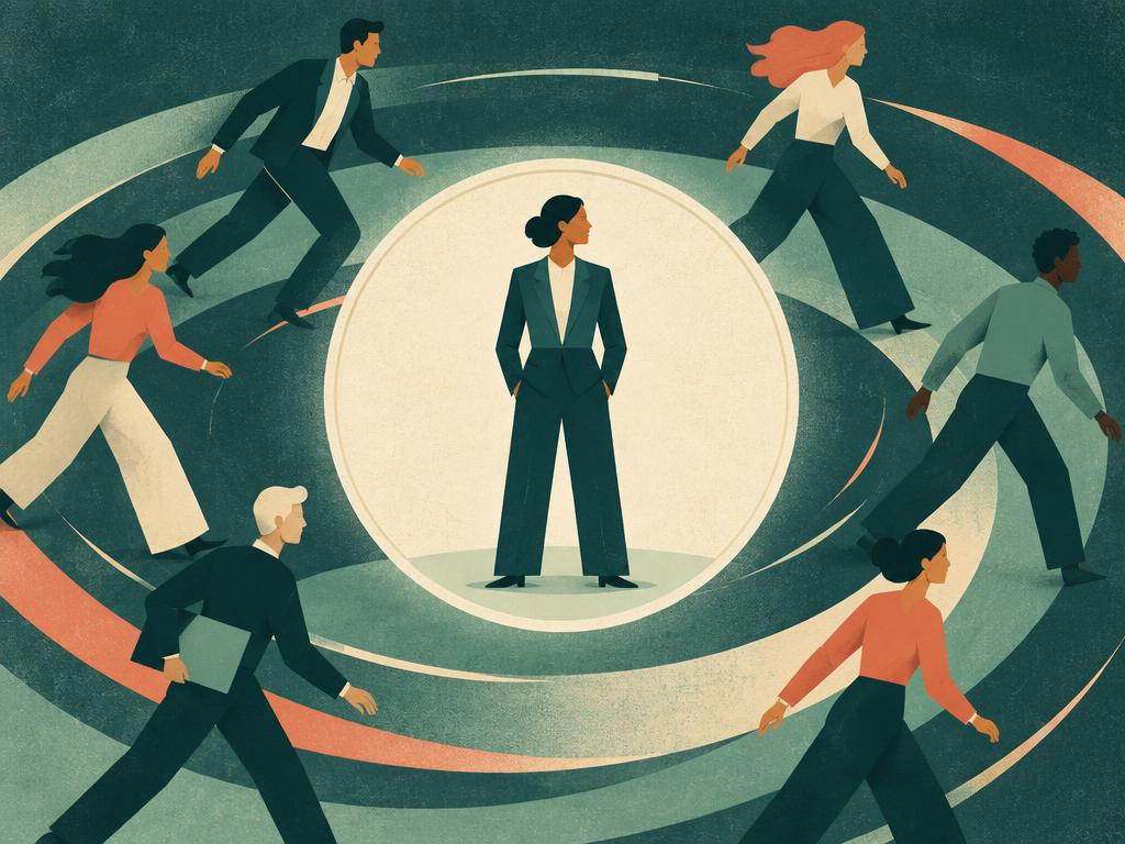 A calm leader at the centre of a team in motion