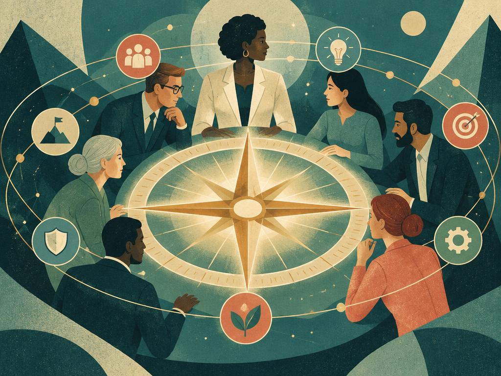 A team arranging a compass around their shared values