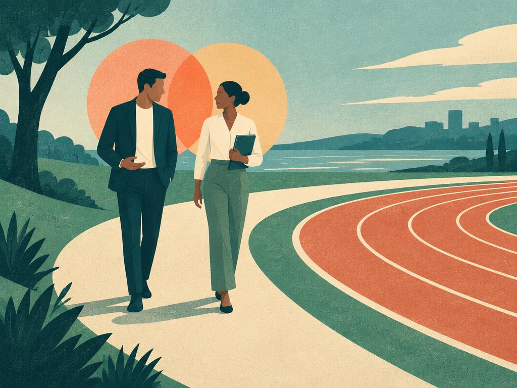 A manager and colleague talking while walking beside a sports venue