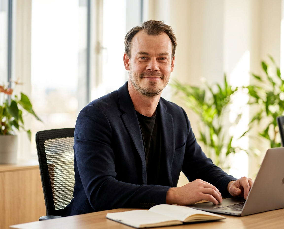 Oscar Lundin sitting at his desk in the office
